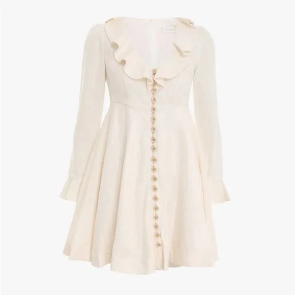 NWT Zimmermann Cream Linen Daisy Mini Dress Ruffle Long Sleeve AU 0P (US 2P) - Picture 3 of 16